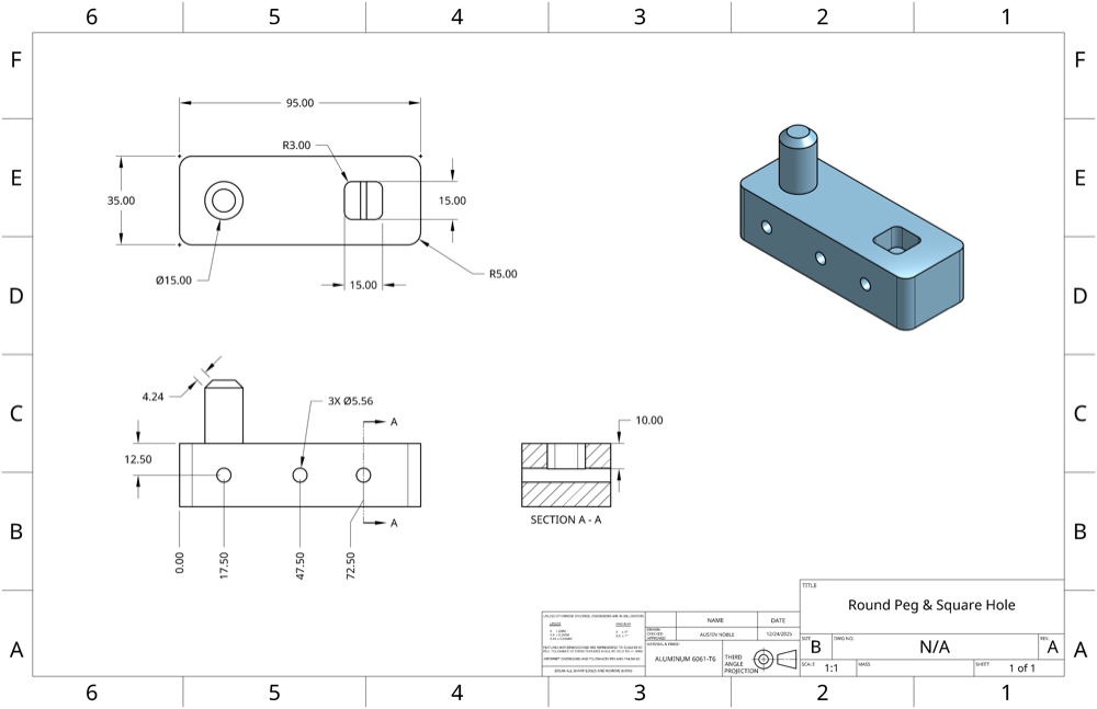 engineering drawing sheet of a round peg block