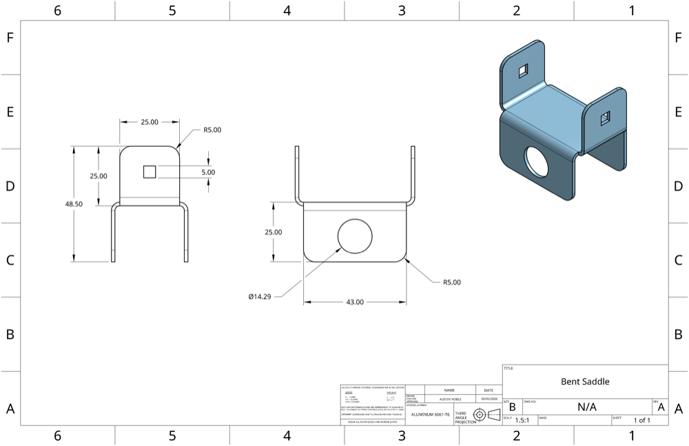 engineering drawing of a bent saddle