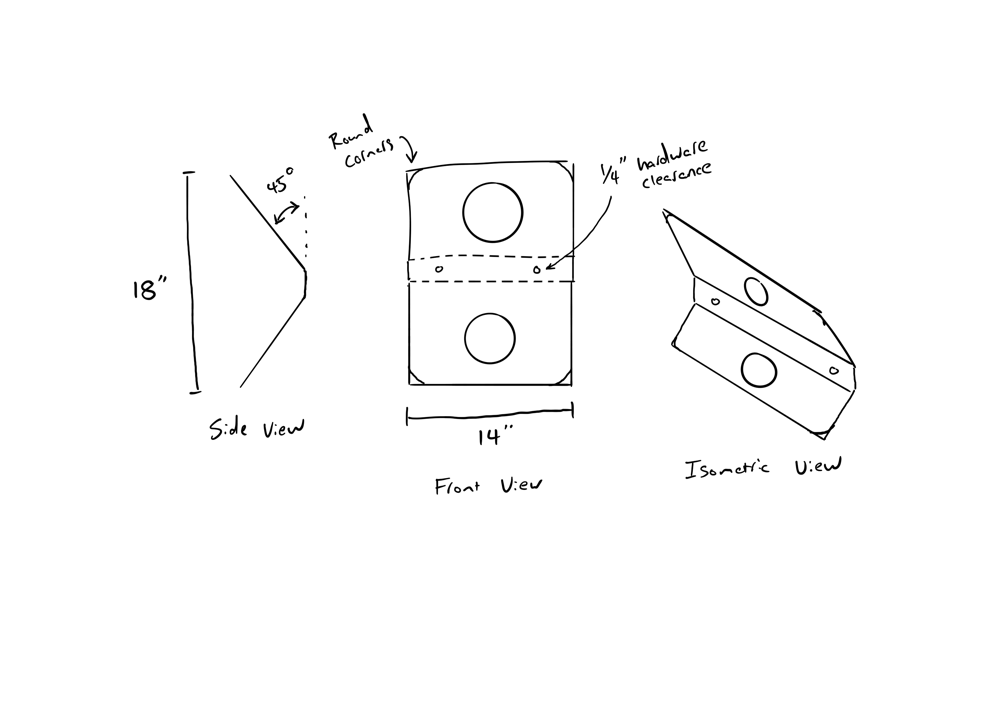 hand-drawn sketch of a bent plate, three views